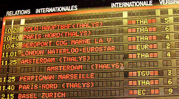 The train departure board at Brussels' Zuid/Midi train station. http://www.enjoy-europe.com/172-p1020015.jpg