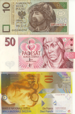 Polish zlotych, Czech korun, Swiss franc
