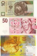 Polish zlotych, Czech korun, Swiss franc.
