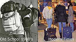 Old school backpackers and modern time travelers with a roller bag.