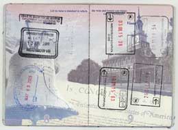 Typical passport entry and exit stamps.