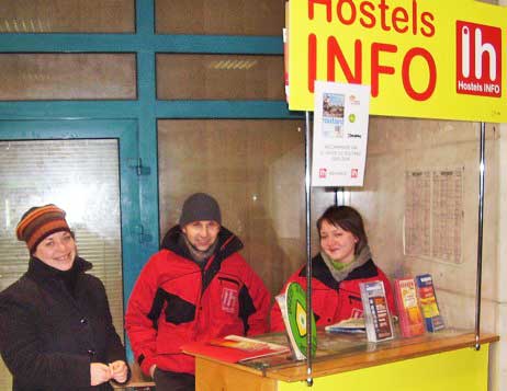 The crew of this hostel information stand in the Krakow, Poland train station will help you find a low cost bed for the night.