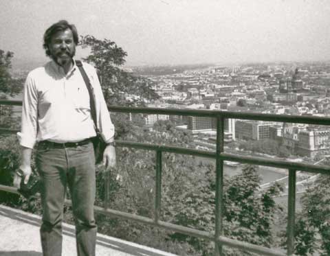John Bermont wearing Levis, a beard, and long hair in Budapest Hungary, 1993.