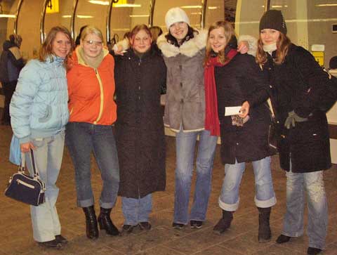 Six girls in the Riga Latvia train station, January.