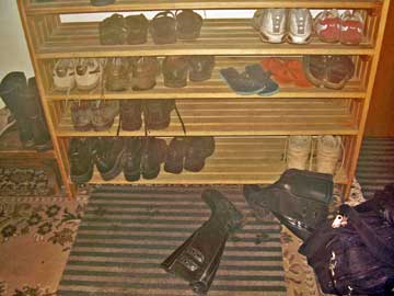 Shoe rack at hostel in Riga Latvia.