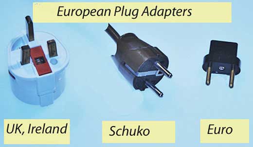 European plug adapters, for Britain, Ireland, the Continent, Italy, and Switzerland.