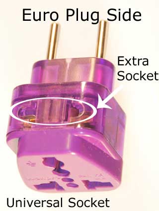 This is a Euro plug adapter with a universal socket and an extra socket for a polarized American plug.