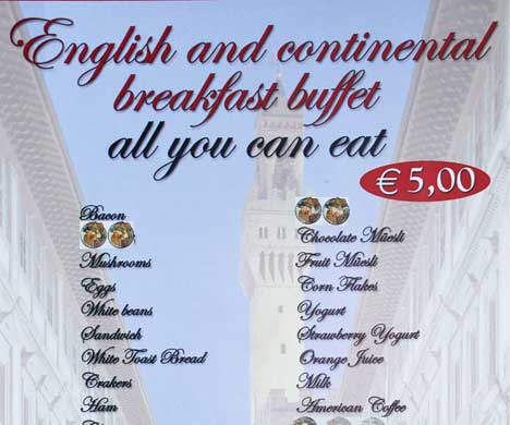 Part of the breakfast menu at the Hostel Plus in Florence, Italy.