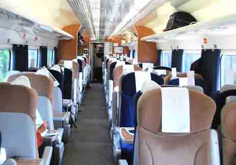 Interior of a first class coach on the National Express in England.