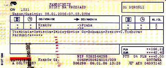 Typical European train ticket, from Krakow, Poland to Prague, Czech Republic.