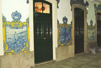Azulejos tiles on the wall of the Vilar Formoso, Portugal train station.