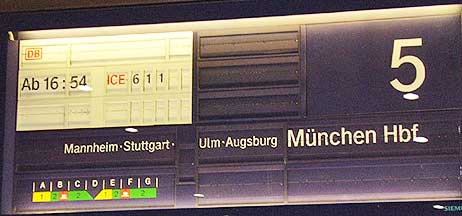 Train information sign on the platform in Germany.
