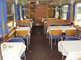 The dining car of my night train from Fulda, Germany to Copenhagen, Denmark.