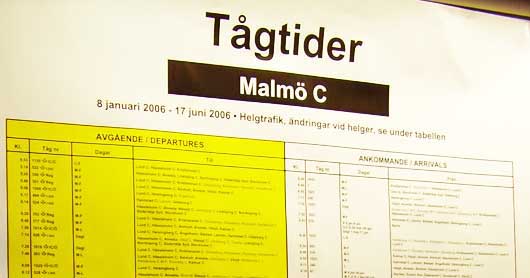 The arrivals and departures board for trains at Malmo, Sweden are all on one poster.