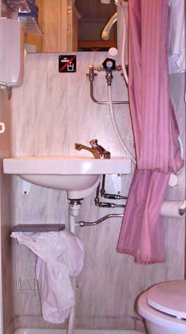 The fully plumbed bathroom on an overnight Swedish train.