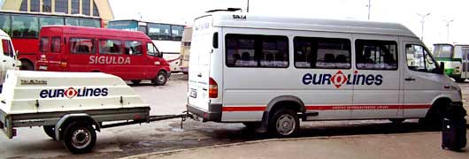 A Eurolines van bus at the station in Riga, Latvia.