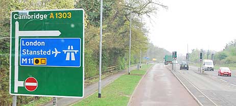 Approaching Cambridge, England where the law says you drive on the left side of the road. http://www.enjoy-europe.com/hte/chap18/Chap18images/10750RoadToCambridge.jpg