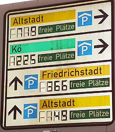 A sign indicating parking structures in downtown D&uuml;sseldorf, Germany. http://www.enjoy-europe.com/hte/chap18/Chap18images/P1100045FreiePlaetzeDuesseldorf.jpg