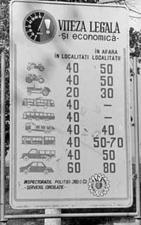 Speed limits for different types of vehicles are posted at the Romanian border.