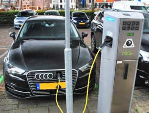 An electric automobile charging station in Haarlem, Nederland, September 2015.
