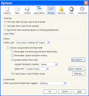 FireFox internet browser Privacy configuration.