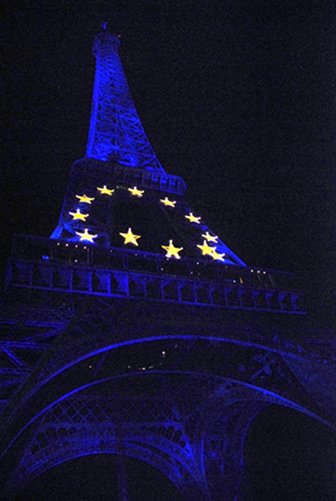 The Eiffel Tower in Paris. http://www.enjoy-europe.com/cds/04681TourEiffelBlue.jpg