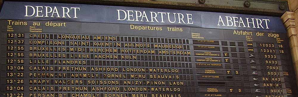 Gare du Nord, Paris, France. Train departure board.